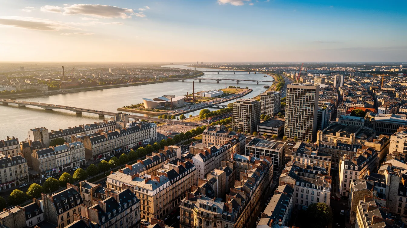 Vue aérienne de Nantes, montrant ses immeubles modernes et la Loire serpentant à travers la ville. Cette image capture l'urbanisme de la métropole nantaise, un lieu où l'on peut également trouver des services de dépannage plomberie à Nantes.