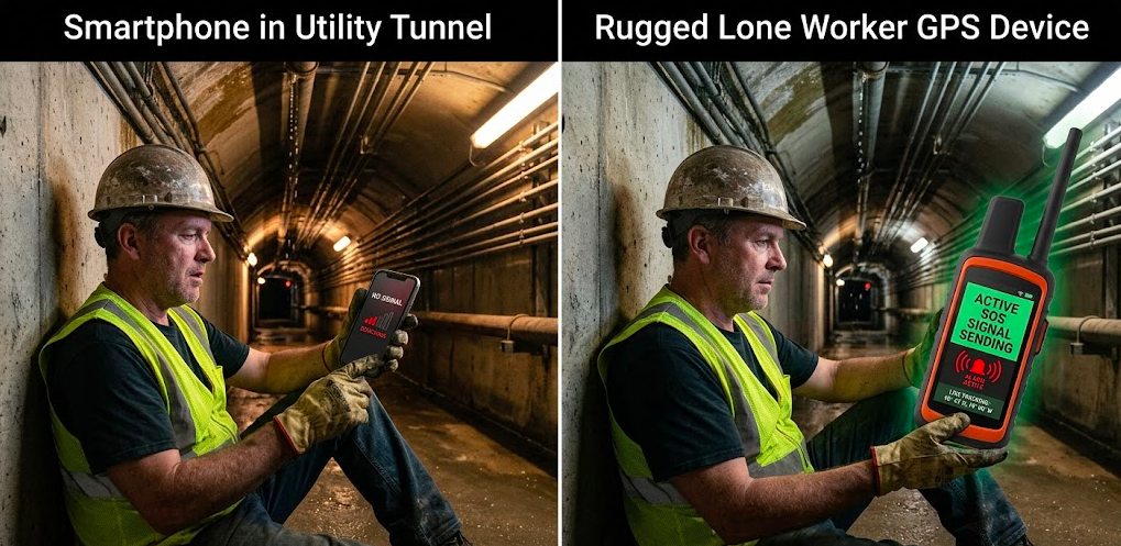 Lone worker comparing a smartphone with a dedicated GPS safety device in a no-signal underground area.
