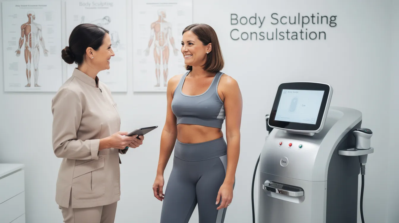 A person stands comfortably during a body sculpting consultation at a med spa, discussing personalized treatment plans for tightening loose skin and reducing stubborn fat deposits. The atmosphere is welcoming, emphasizing non-invasive procedures that offer minimal downtime and impressive results for a more sculpted physique.