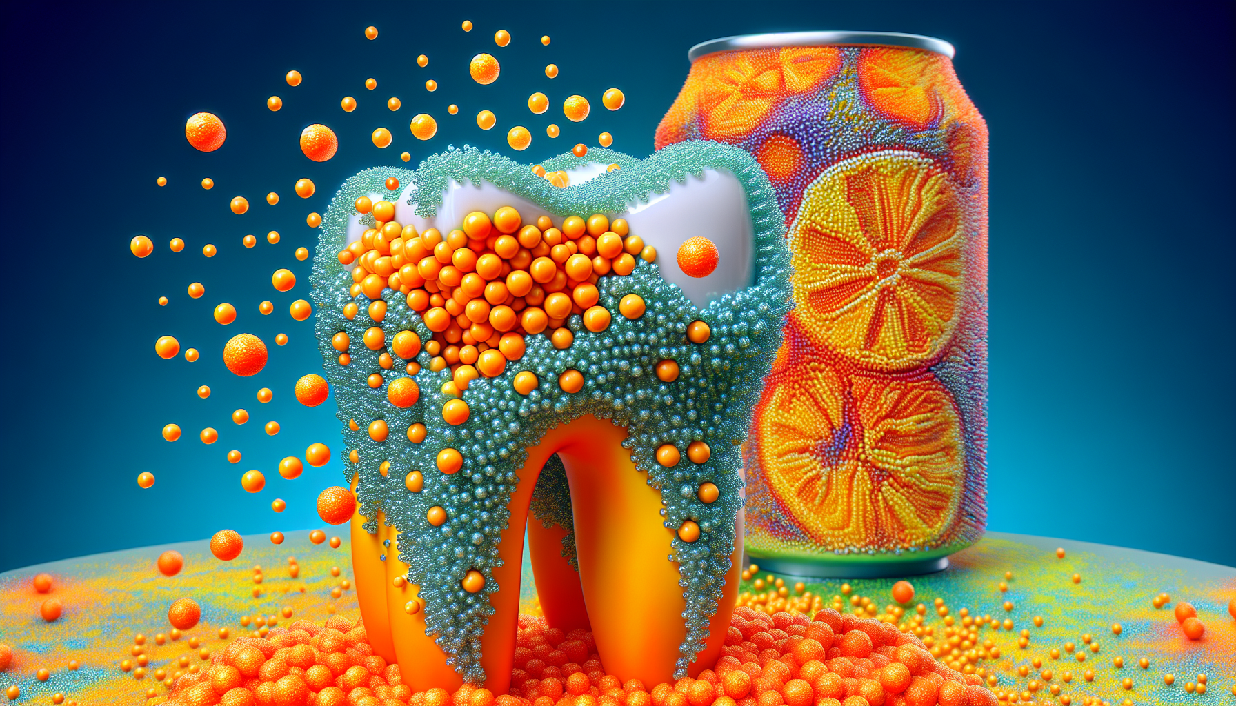 Artistic representation of tooth enamel and citric acid interaction