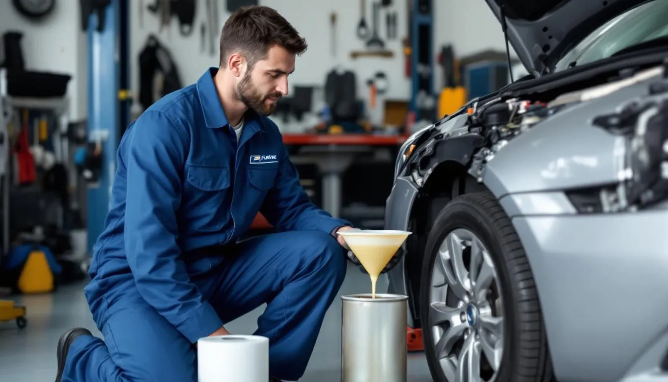 An image depicting an oil change service, showcasing a technician draining old motor oil from a car's engine while preparing to replace it with new oil and a fresh oil filter. Tools and equipment for the oil change process are visible, emphasizing the importance of regular oil changes for vehicle maintenance.