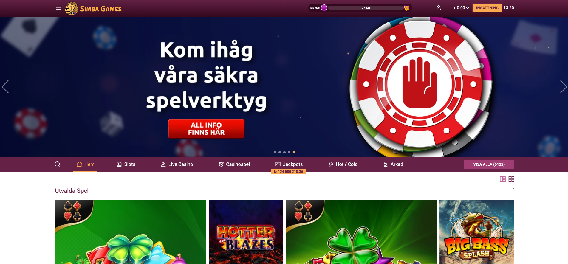 Simba Games Casino startsida med säkra spelverktyg och spelmeny