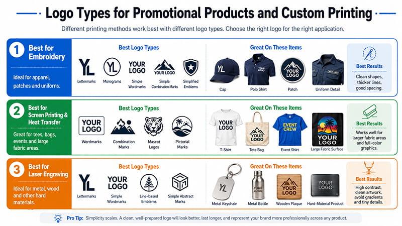 Best logo types for embroidery, screen printing, heat transfer and laser engraving on promotional products