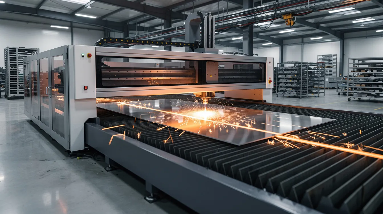 The image depicts a factory floor where a fiber laser cutter is actively processing a sheet of stainless steel, showcasing the precision and efficiency of sheet metal fabrication. This setup highlights the capabilities of custom metal fabrication and the importance of quality control in the production of metal parts.