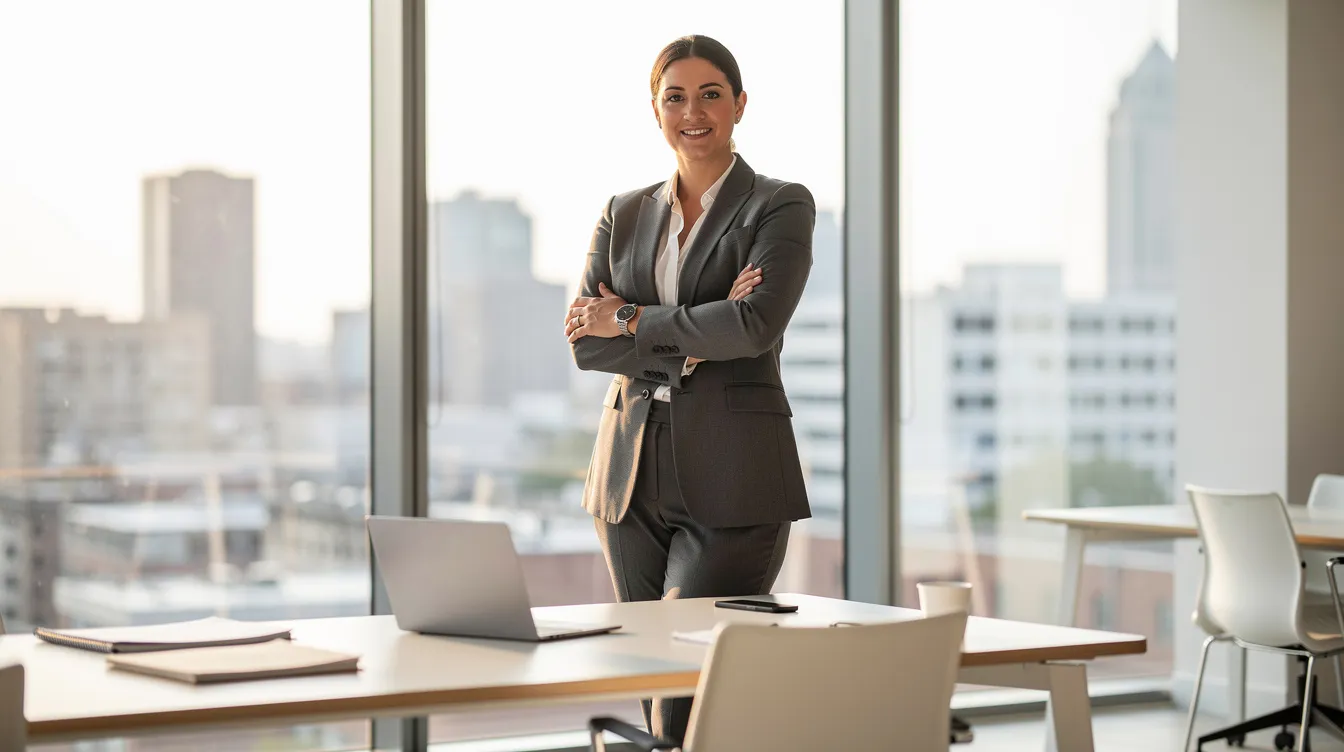 Un professionnel se tient avec confiance dans un espace de travail lumineux, offrant une vue inspirante sur la ville. Cette image évoque l'estime de soi au travail et le bien-être, soulignant l'importance de la confiance en soi pour atteindre ses objectifs professionnels.