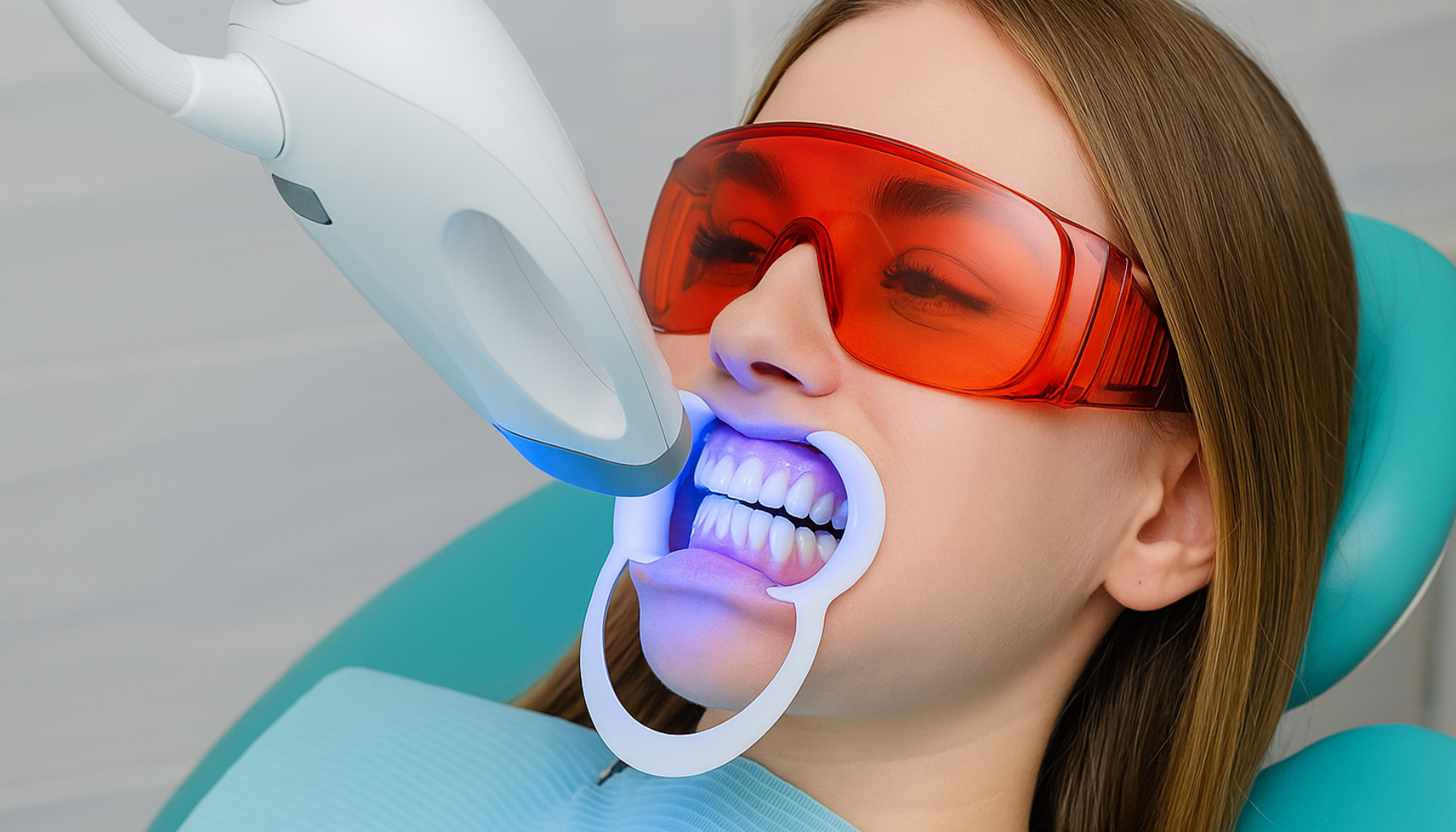 Tannbleking: Få hvitere tenner på en trygg måte 19 Kvinne får profesjonell tannbleking med blått lys på klinikk for trygg hvitere smil.