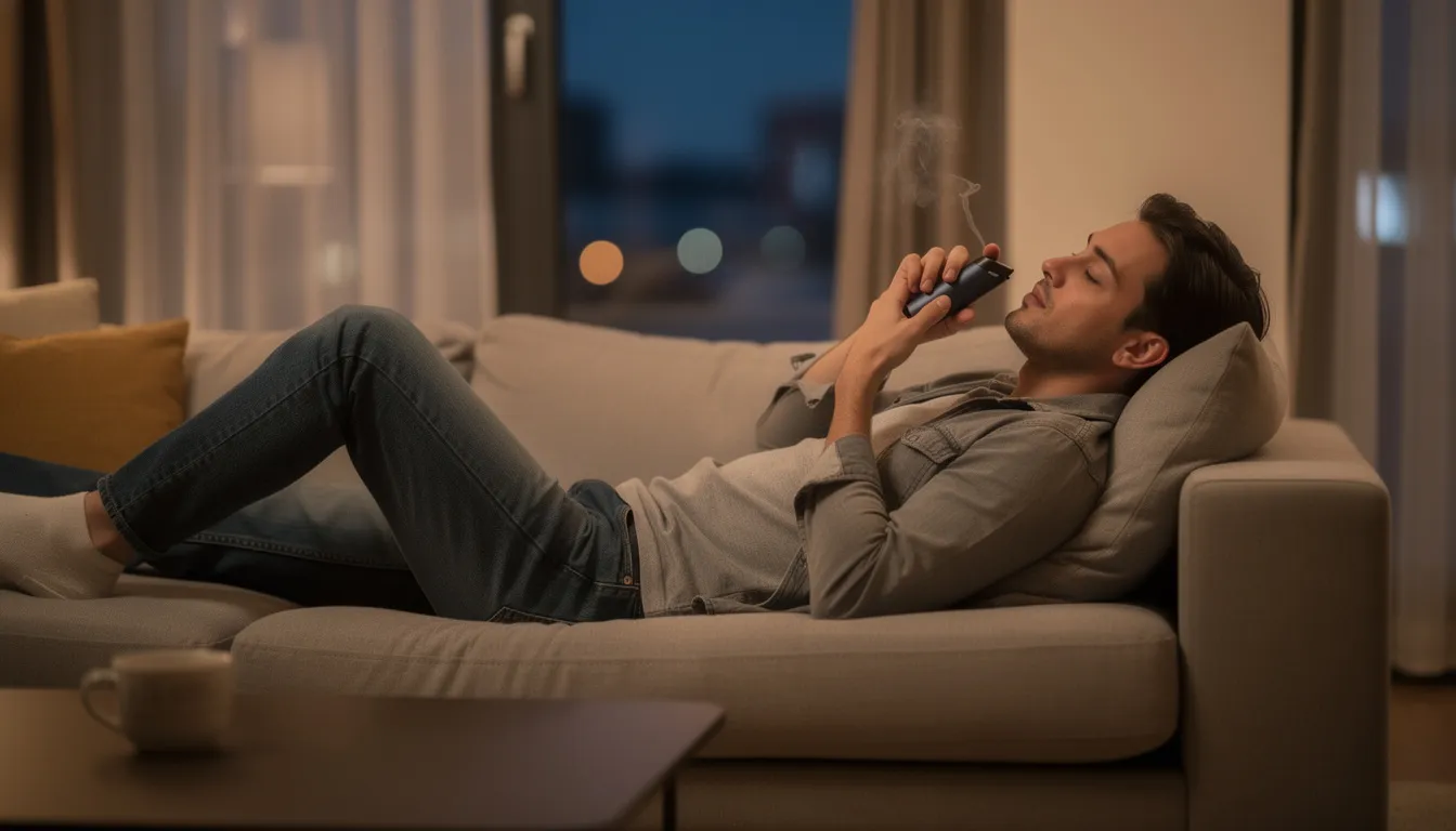 Eine Person sitzt entspannt in einer gemütlichen Umgebung und nutzt einen kleinen Vaporizer, aus dem sanfter Dampf aufsteigt. Der Einsatz des Vaporizers, möglicherweise mit 10 oh hhc Produkten, fördert die Entspannung und kann zur Linderung von Stress und Schmerzen beitragen.