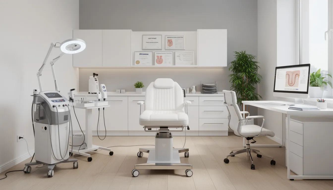 Nowoczesny gabinet dermatologiczny z profesjonalnym wyposażeniem medycznym, w którym przeprowadzane są zabiegi leczenia trądziku różowatego. Wnętrze jest jasne i przestronne, a na ścianach znajdują się plakaty informacyjne dotyczące objawów trądziku różowatego oraz metod jego leczenia.