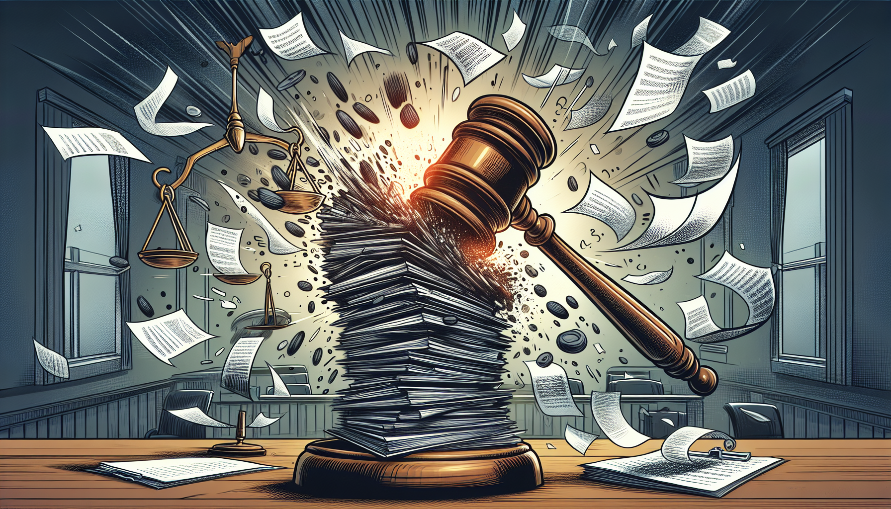 An illustration depicting the concept of an indictment, featuring a gavel and legal documents.