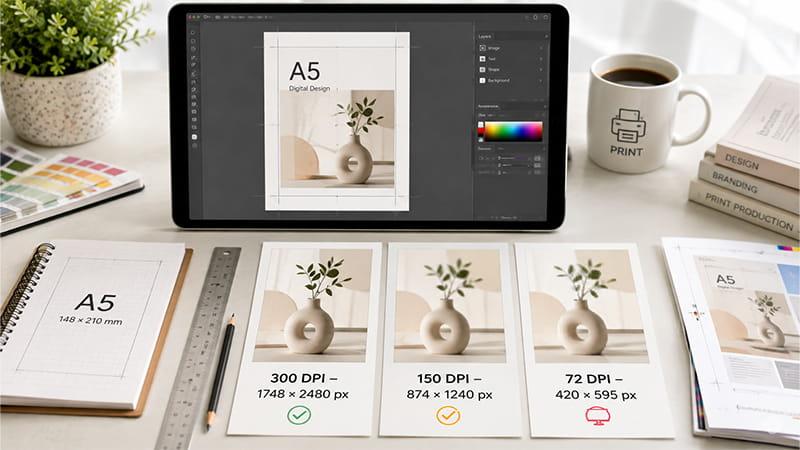 A5 paper size digital design resolution comparison showing 300 DPI, 150 DPI, and 72 DPI pixel dimensions