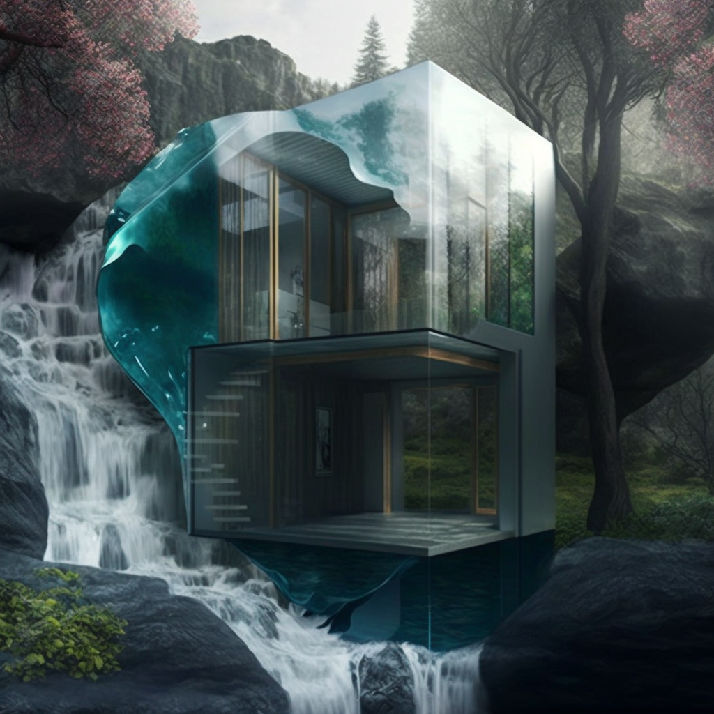 Wall of the prefab house is waterfall. EpiProdux design.