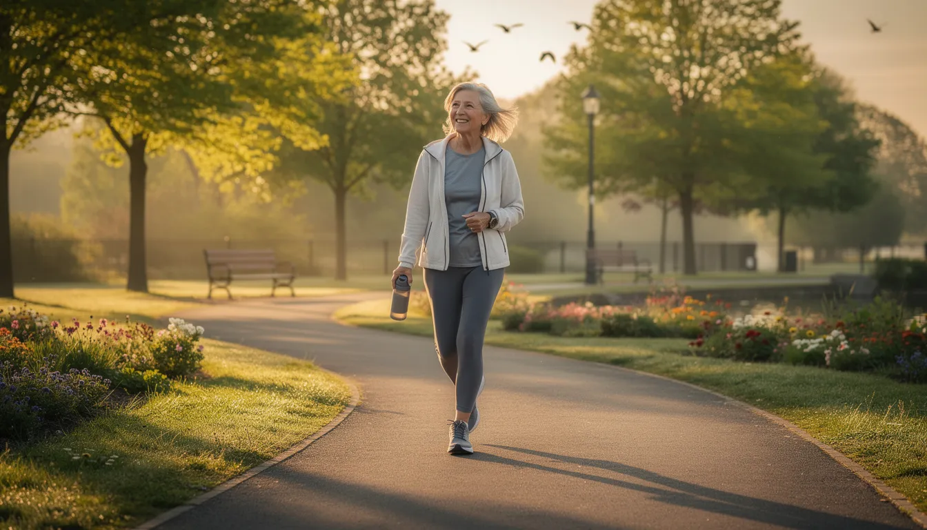 An older adult walks along a peaceful path at sunrise, embodying the essence of healthy aging through balanced lifestyle choices. This image symbolizes vitality and the importance of energy production and cellular health, highlighting the role of NAD levels in promoting overall well-being.