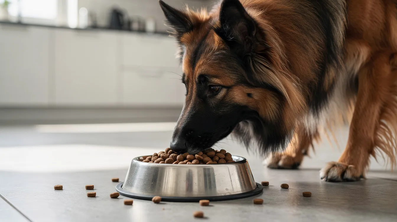 A Belgian Tervuren, a medium-sized herding dog known for its intelligence and agility, is happily eating high-quality kibble from a dog bowl. The rich fawn coat with a black mask reflects its status as one of the distinguished Belgian shepherd breeds, recognized by the American Kennel Club.