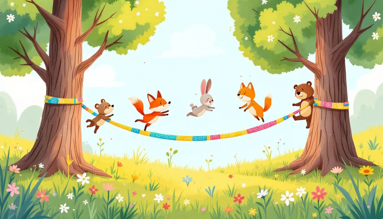 Eine Gruppe von Kindern spielt kreative Seilspiele im Freien.
