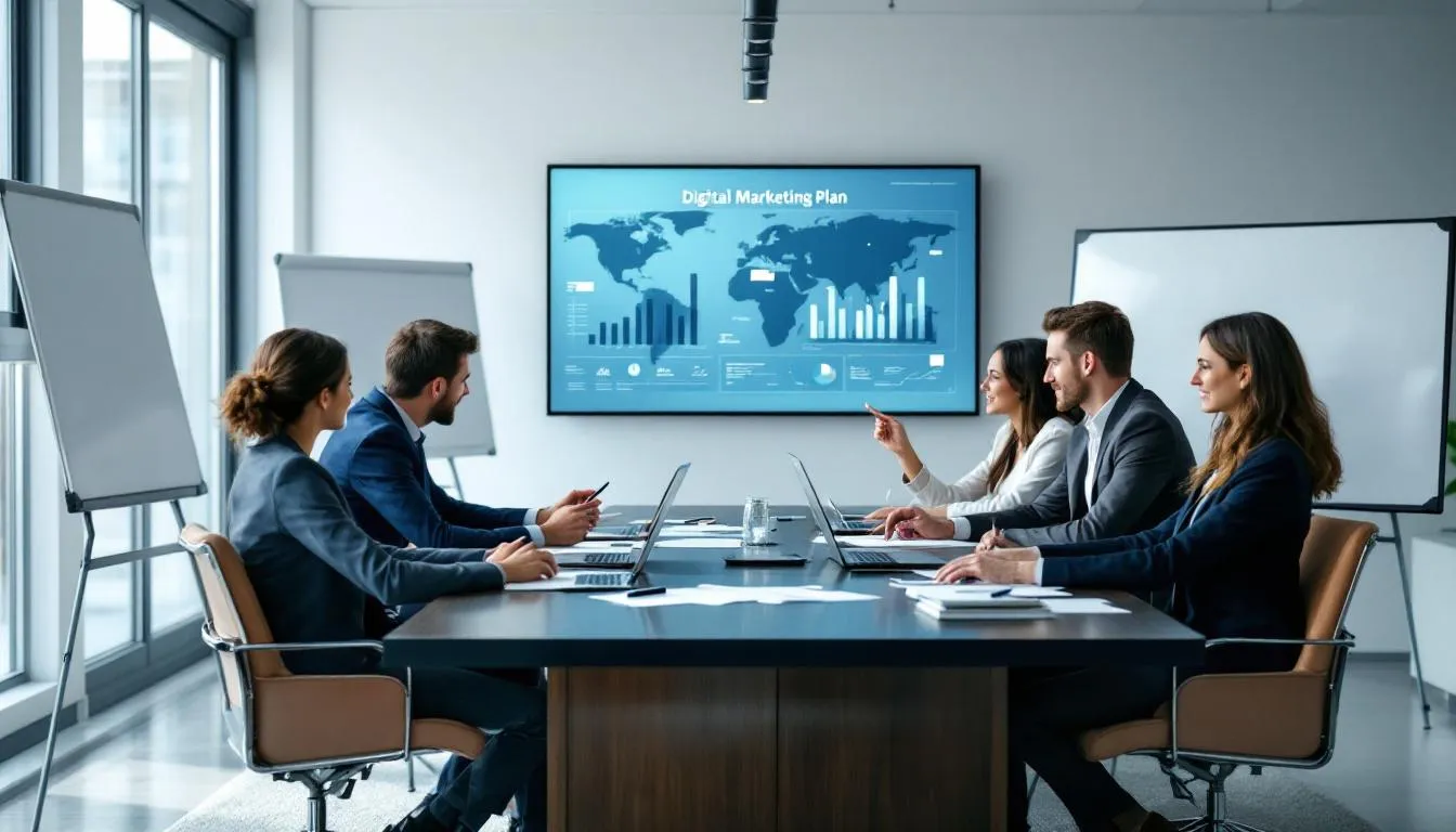 A business team is collaborating around a conference table, equipped with laptops and various charts, as they develop an effective digital marketing strategy. The atmosphere suggests a focus on planning marketing campaigns and utilizing digital marketing channels to achieve their business goals.