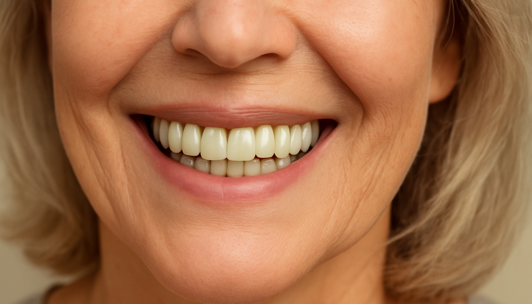 Falske tenner som ser ekte ut – Moderne løsninger for et naturlig smil 20 Nærbilde av eldre kvinne med naturlig smil som viser realistiske proteser med god passform og estetisk utseende.