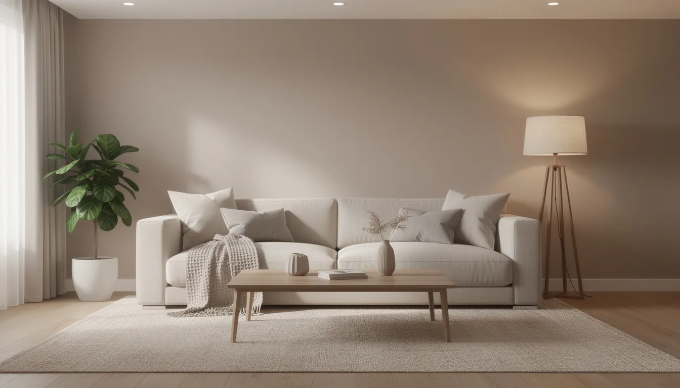 Een gezellige woonkamer met een neutraal kleurenpalet, waar een comfortabele bank staat en warme verlichting zorgt voor een uitnodigende sfeer. De ruimte is stijlvol ingericht met verschillende materialen en accentverlichting die de moderne woonstijl benadrukken.