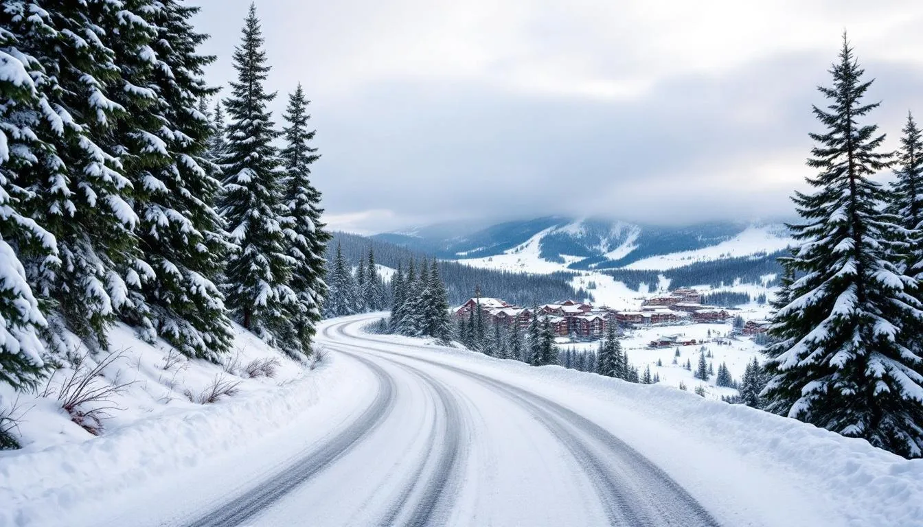 A winding mountain road is surrounded by snow-covered pine trees, leading to the buildings of Brian Head Ski Resort, nestled in the picturesque landscape of Southern Utah. The scene captures the essence of winter activities, inviting visitors to enjoy skiing and snowboarding in this family-friendly destination.