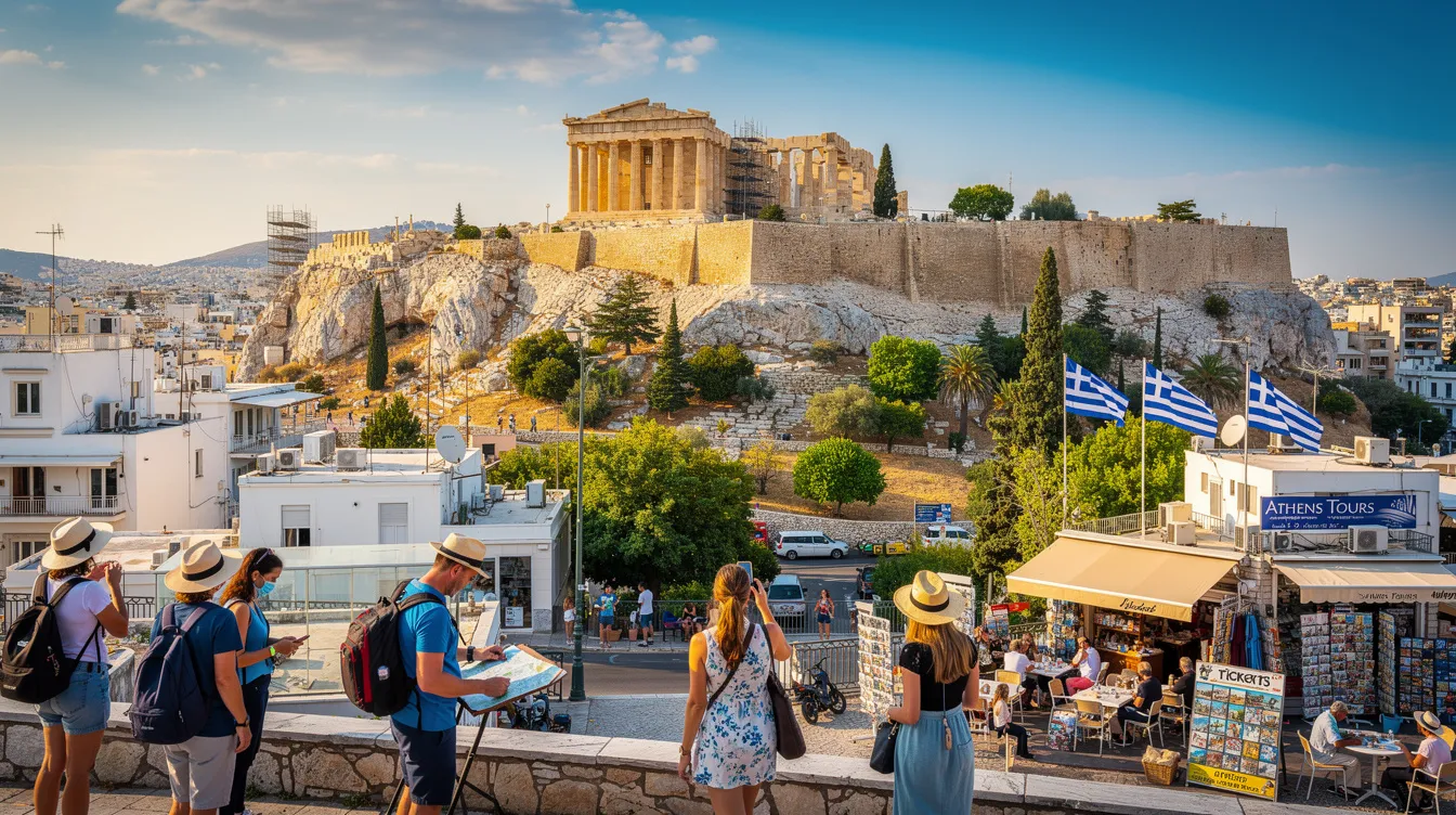 Imagem mostrando a cidade de Atenas, na Grécia, com destaque para o icônico Templo de Partenon ao fundo, simbolizando a rica história e cultura da Grécia antiga. A cena captura a arquitetura clássica e o clima mediterrâneo, convidando os turistas a explorar os destinos históricos e a vibrante vida noturna da capital grega.