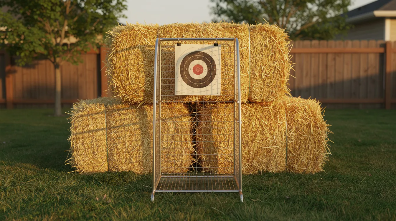 The image depicts an outdoor backyard target shooting setup featuring a target with a pellet catcher, positioned in front of hay bales that serve as a safe backstop. This scene emphasizes the importance of gun safety, including wearing eye protection and using appropriate safety gear while practicing with airsoft guns or BB guns.