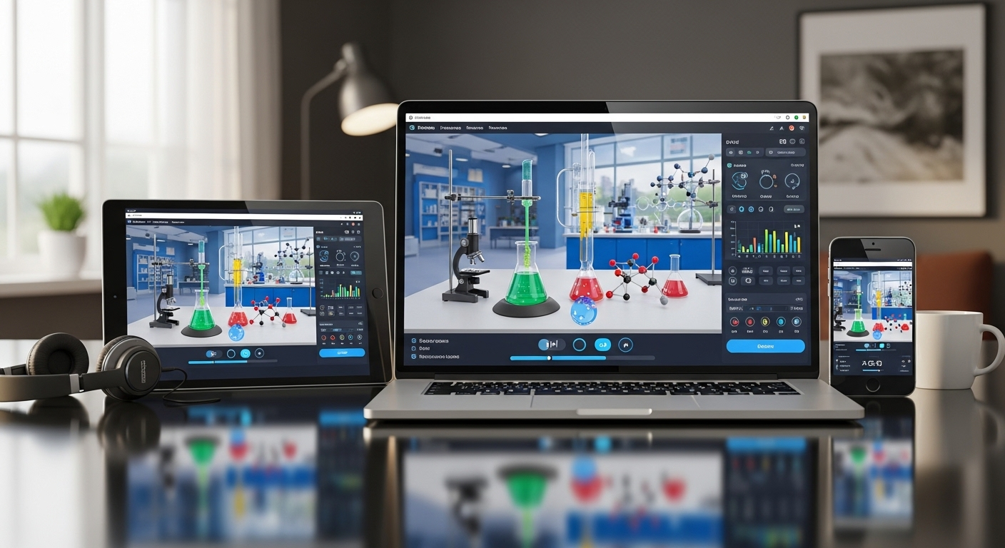Educational virtual lab with advanced software accessible remotely across devices without installation.
