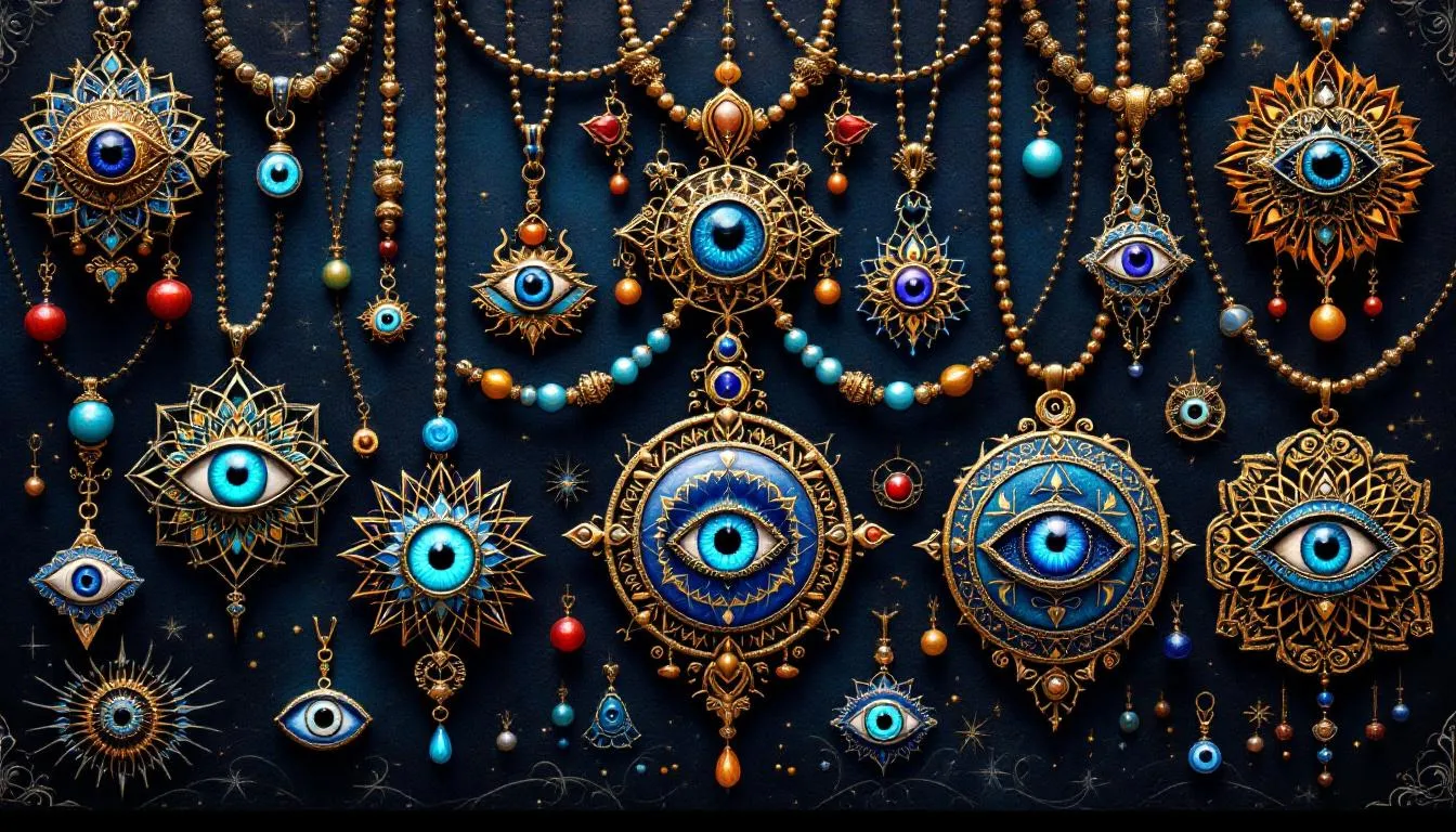 Unique designs of evil eye necklaces showcased together.