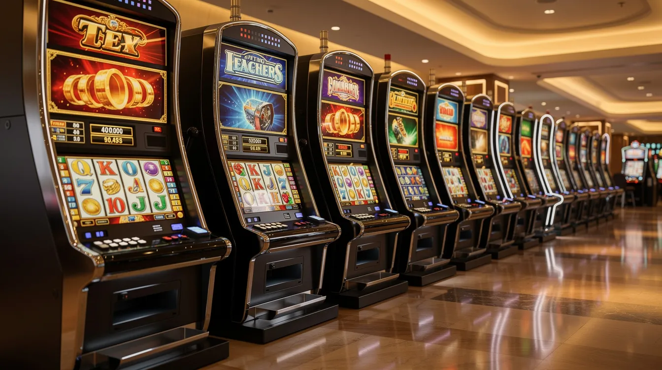 Die Abbildung zeigt eine Reihe bunter, leuchtender Slotmaschinen mit modernem Design, die in warmem Licht erstrahlen. Diese Spielautomaten sind typisch für die Atmosphäre in Online Casinos und Spielotheken, die eine Vielzahl von Spielen und Bonusaktionen anbieten.