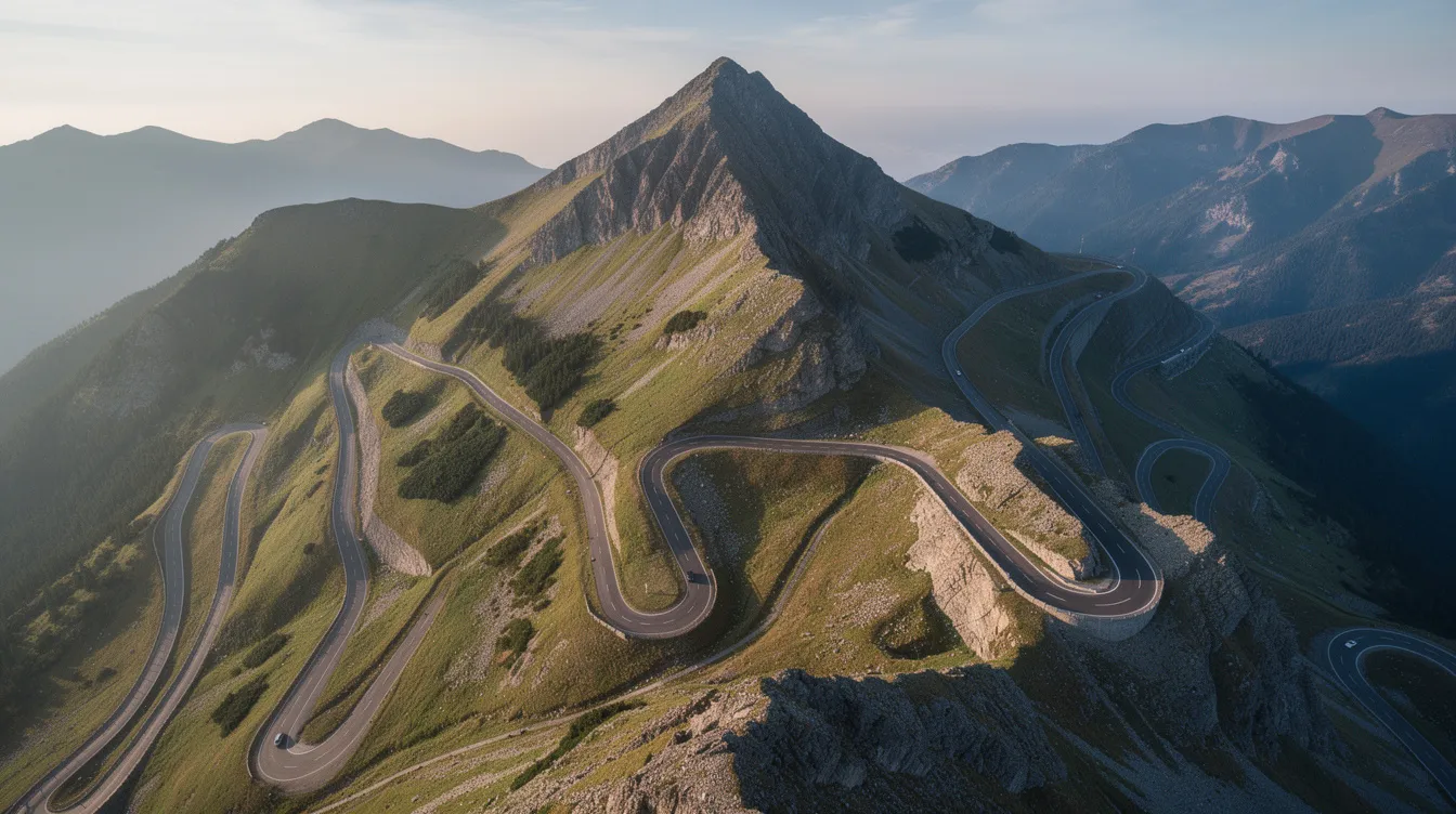 The image depicts a winding mountain road with distinct stages and switchbacks, leading toward a summit, symbolizing the journey of implementing a zero trust security model. This road represents the careful navigation required to ensure strict access controls and secure access to corporate resources in a hybrid work environment.