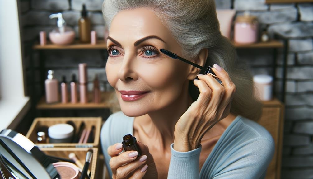 a mature   woman gracefully applying mascara, her eyes reflecting her experience, surrounded by natural eyelash care products, hinting at the age-specific care routine.