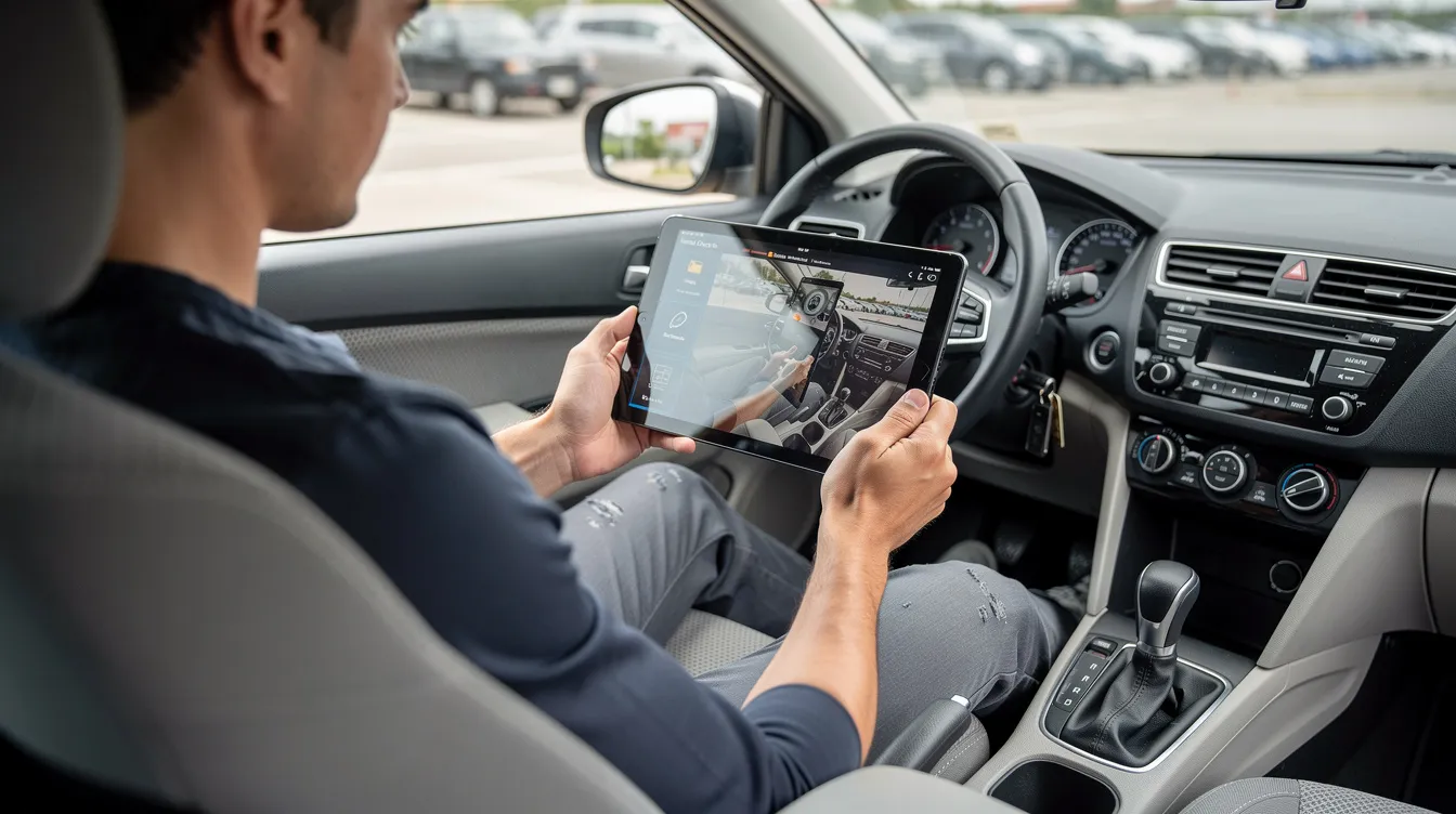 Une personne utilise une tablette pour photographier et inspecter l'intérieur d'une voiture de location lors d'un contrôle de véhicule. Cette opération fait partie de la gestion de flotte dans une agence de location de voitures au Maroc, assurant ainsi la sécurité et la qualité des véhicules pour les clients.
