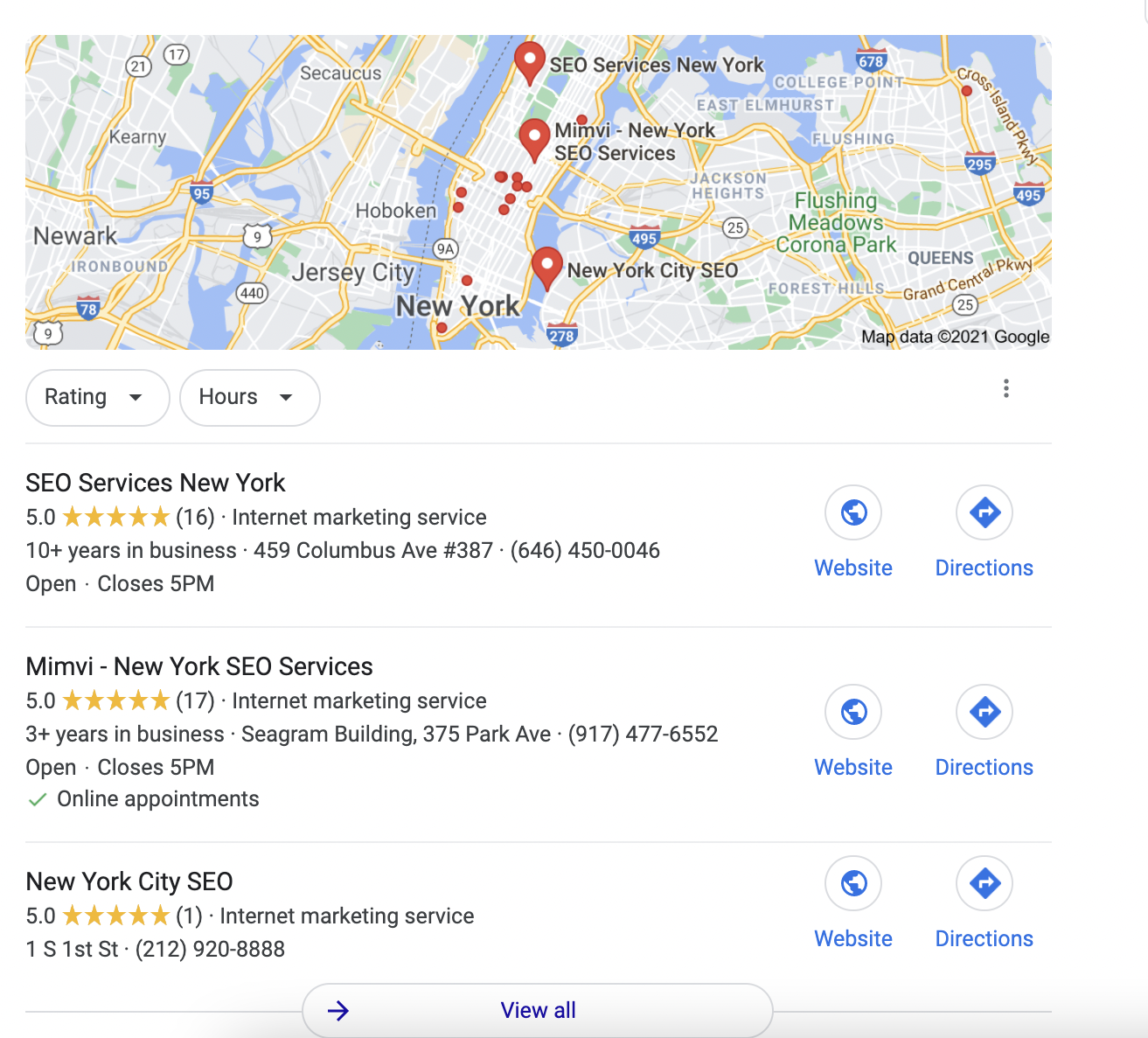 Map Pack result for seo new york