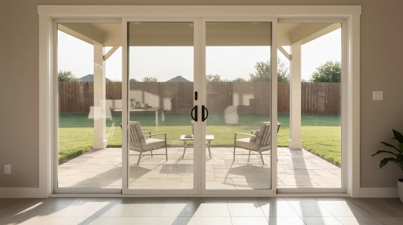 The image depicts a sliding glass patio door open to a spacious backyard patio in a Texas home, showcasing the seamless connection between indoor and outdoor living spaces. This type of door enhances the home's curb appeal and provides energy efficiency by allowing natural light to flood the interior.
