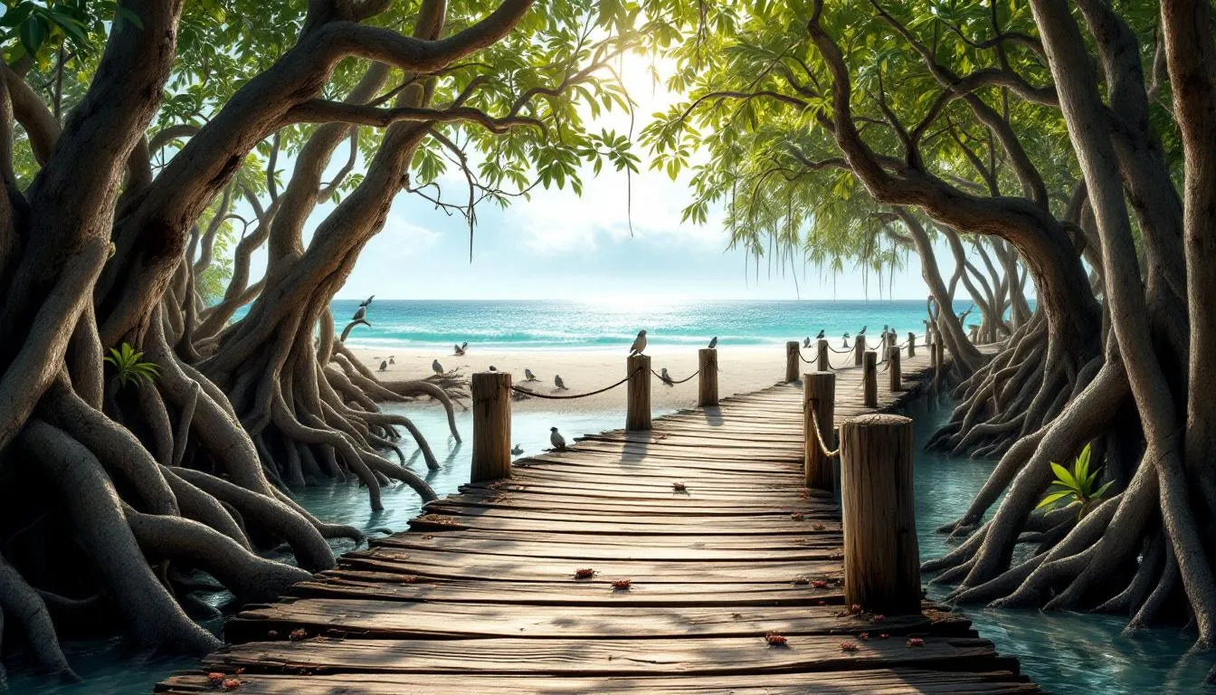 The image depicts a wooden boardwalk winding through a lush mangrove preserve, leading to a pristine beach access point, showcasing the natural beauty of Sanibel, FL. This serene pathway is an easy access route for those looking to explore the coastal environment and enjoy the nearby beach, highlighting the appeal of Sanibel Bayous real estate.