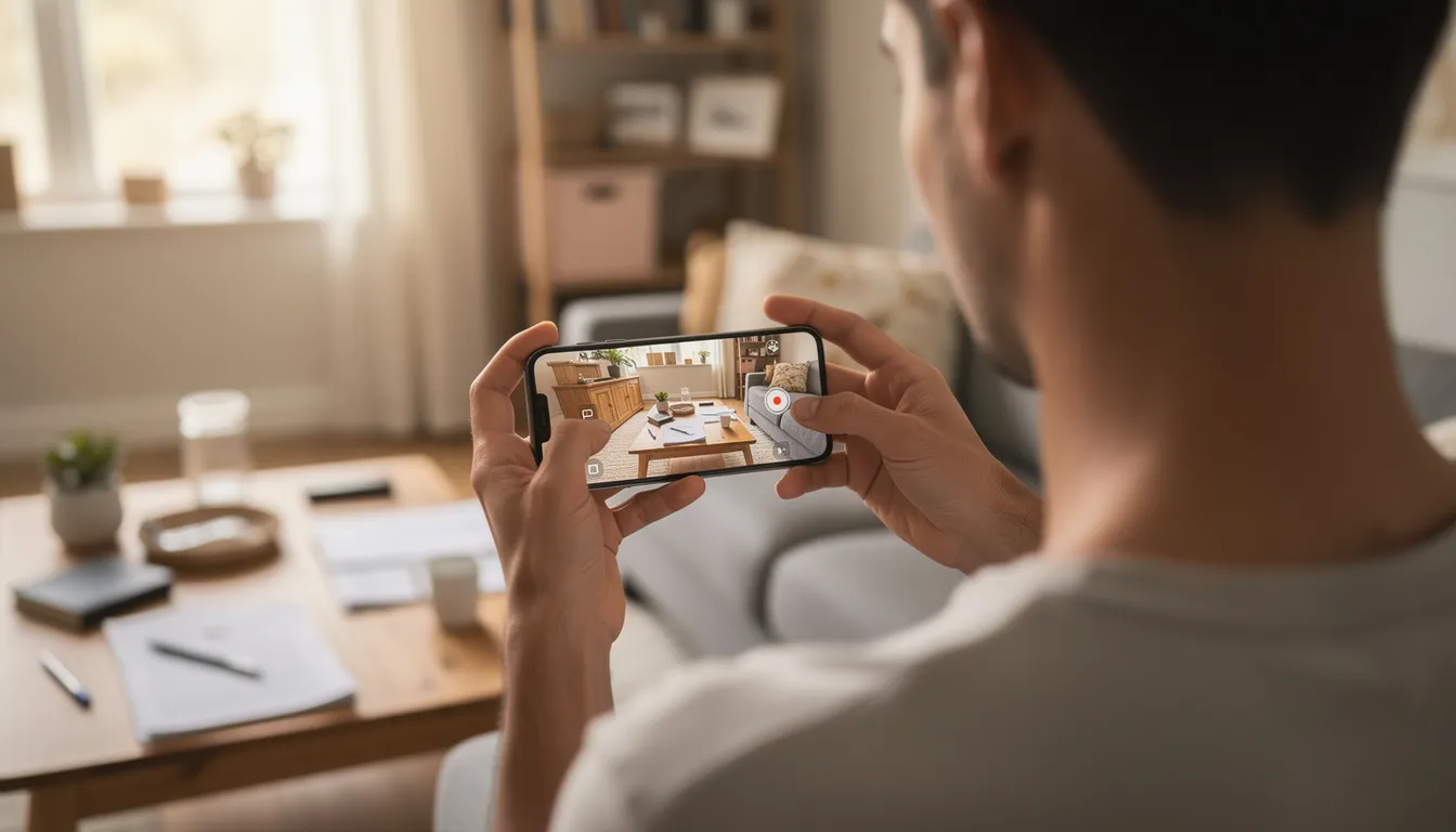 A person is using a smartphone to photograph various household goods, including furniture and musical instruments, to create a high value inventory form for home insurance purposes. This inventory helps ensure that all high value items are documented for potential claims or loss assessments.