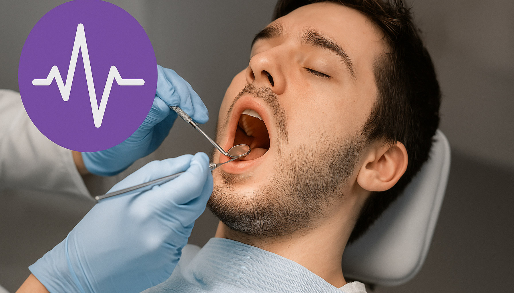 Ung mann får tannbehandling, med symbol som indikerer epilepsi og behov for tilpasning under behandling.