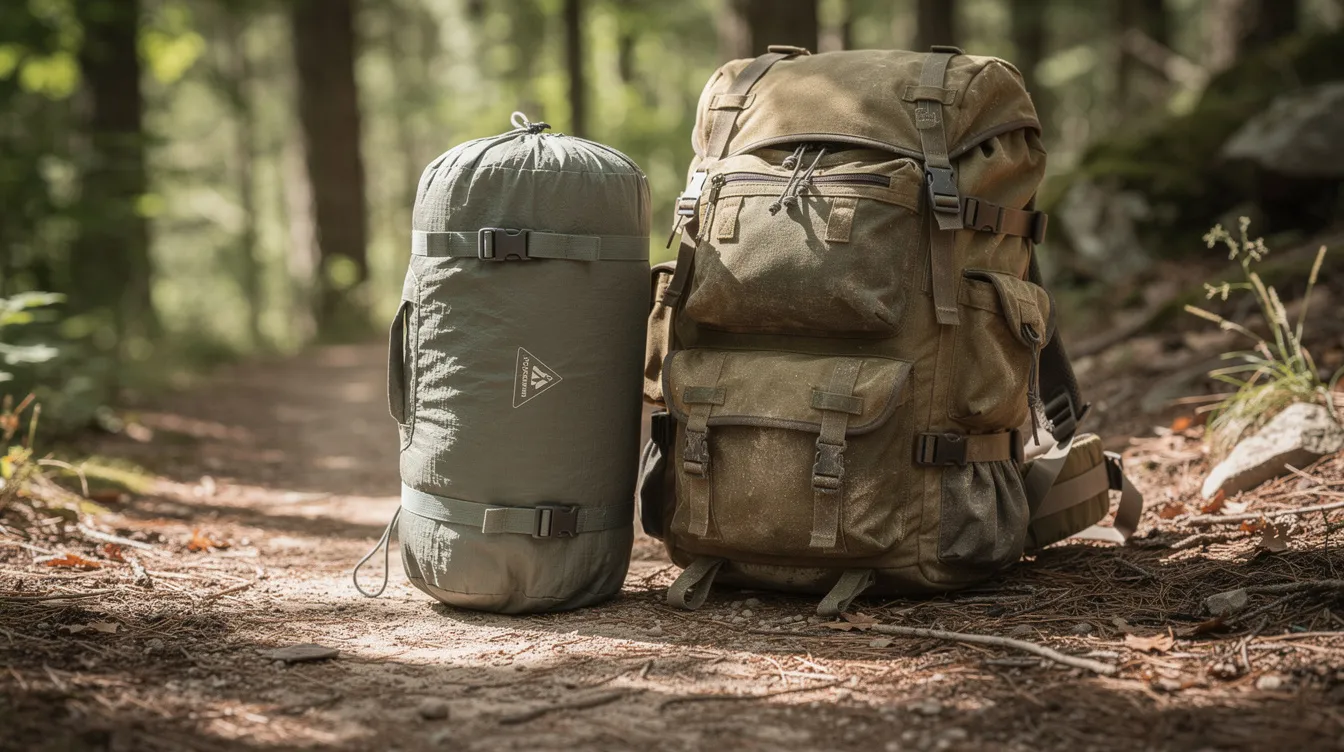 A compact packed camping cot, likely a lightweight design such as the Helinox Lite Cot, is nestled in a stuff sack next to a hiking backpack on a forest trail, showcasing essential outdoor gear for a comfortable camping experience. The scene highlights the convenience of portable sleeping solutions for outdoor enthusiasts seeking a good night's sleep in nature.