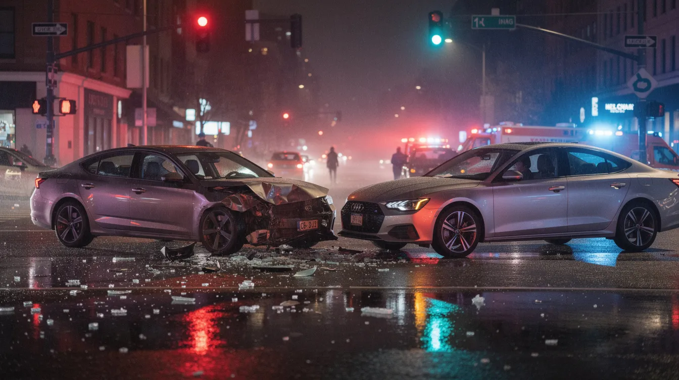 The image depicts a chaotic car accident scene at an intersection, with emergency vehicle lights flashing in the background. The scene highlights the aftermath of a serious car crash, emphasizing the need for a personal injury attorney to help accident victims navigate insurance claims and recover compensation for medical expenses and lost wages.