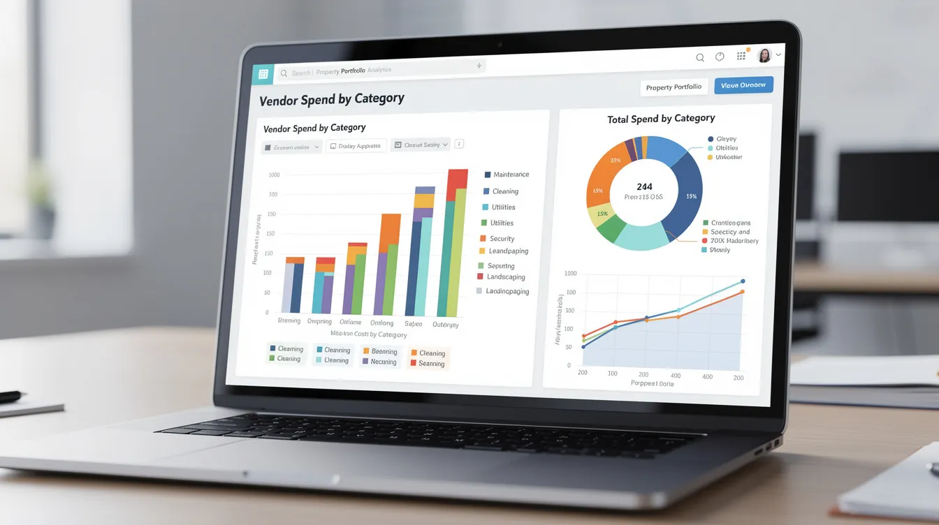 The image shows a laptop screen featuring a vendor spend dashboard that includes various charts illustrating costs by category across a property portfolio, highlighting the importance of effective vendor management for operational efficiency and cost control in property management. This dashboard aids property managers in tracking vendor performance and strengthening vendor relationships.