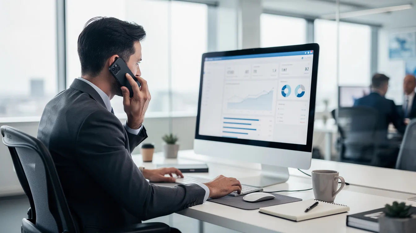 A professional in a sleek, modern office is engaged in a phone call while intently looking at a computer screen, likely discussing strategies for mass tort litigation or lead generation for law firms. The environment suggests a focus on building strong cases and attracting potential mass tort clients through effective legal marketing.