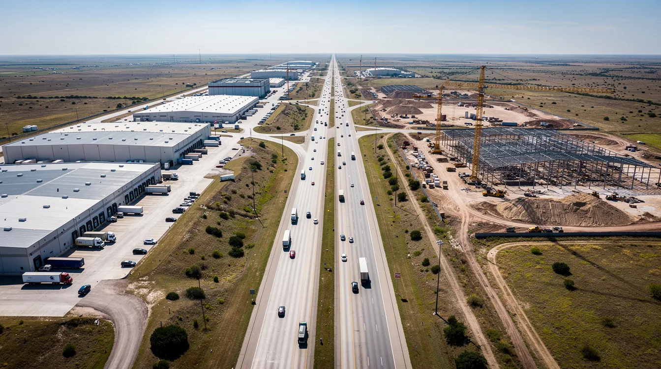 An aerial view captures a highway corridor slicing through the Texas landscape, flanked by industrial buildings and construction cranes on both sides, highlighting the region's industrial demand and ongoing data center expansion. This scene reflects the tremendous growth and evolving landscape of central Texas, particularly around cities like San Antonio and Austin, as new digital infrastructure projects emerge to meet rising power demands.