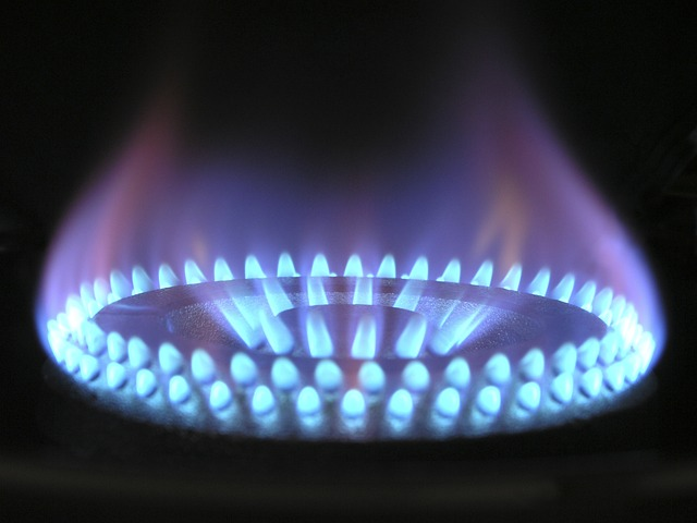 Gasbrennerwartung und -service in Wien 1230: Brennende Gasflamme eines Haushaltsherd-Brenners, Symbol für Gasinstallation und -sicherheit.