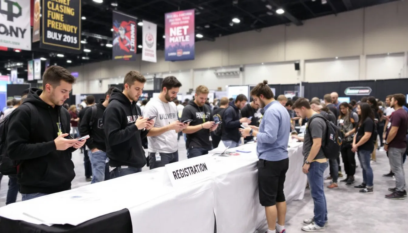 A group of players is gathered around a registration table, checking in for their matches at a pickleball tournament. They are preparing to compete in various divisions, including women's singles and doubles, while discussing event details and receiving more information about the day’s schedule.