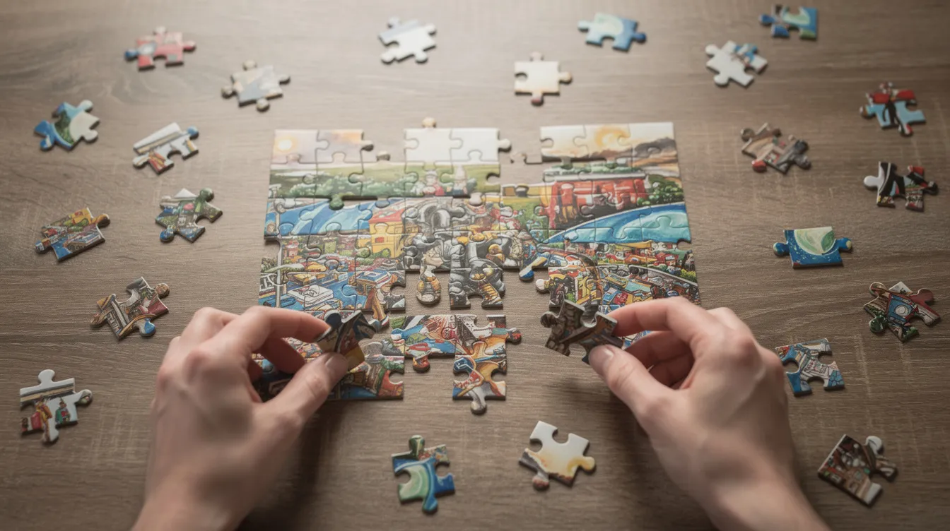 The image depicts scattered puzzle pieces on a table, with some pieces being assembled into a complete picture, symbolizing the website migration process where each piece represents elements like internal links and URL structure that contribute to the site's overall performance.