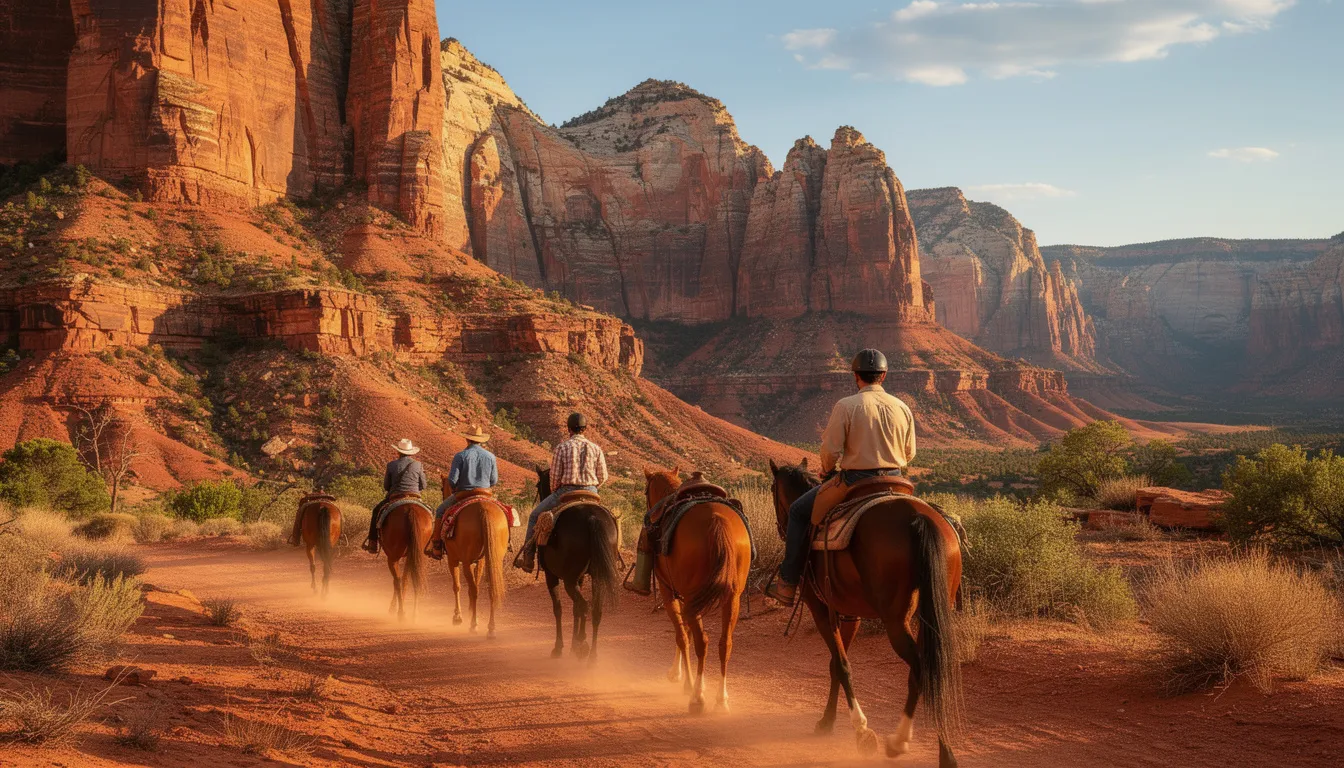 A group of horseback riders traverses a scenic trail, with the striking red canyon walls of Zion National Park rising majestically in the background, offering a unique perspective of this breathtaking landscape. This memorable horseback riding adventure allows riders to experience the rich cowboy history and natural wonders of southern Utah.