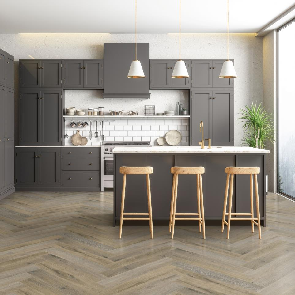 wood look herringbone Luxury Vinyl Floors in modern kitchen