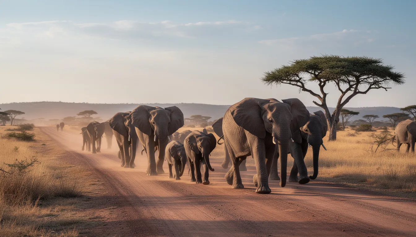 Des éléphants majestueux traversent une route de terre dans un parc national africain, entourés par la beauté sauvage de la nature. Cette scène évoque l'aventure et la liberté d'explorer la Namibie, où louer une voiture peut vous permettre de découvrir des paysages époustouflants et la faune unique du pays.