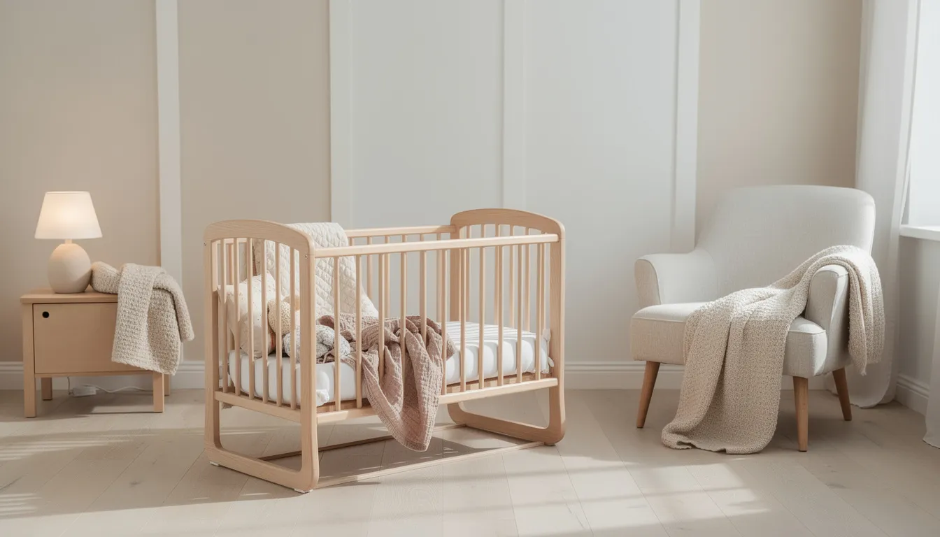 Een rustige babykamer met lichte wandpanelen en een houten wieg, omgeven door zachte textiel accenten die een gezellige sfeer creëren. De ruimte straalt een veilige en warme uitstraling uit, perfect voor een comfortabel gevoel voor zowel baby als ouder.