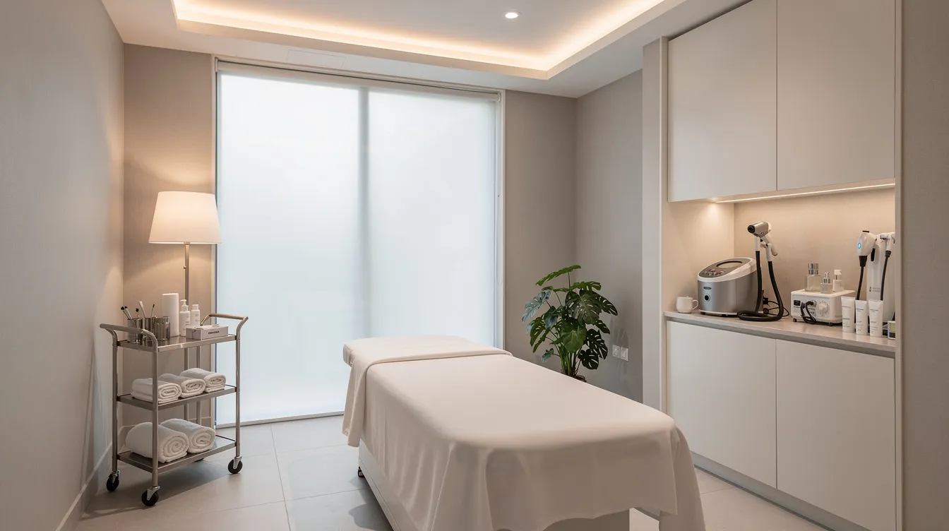 The image depicts a serene, modern medical spa treatment room featuring a padded table, soft ambient lighting, and neatly arranged professional equipment, creating a welcoming environment for procedures such as Sculptra butt lift consultations. This space is designed to ensure comfort and relaxation for clients undergoing non-surgical buttock enhancement treatments that stimulate the body's natural collagen production.