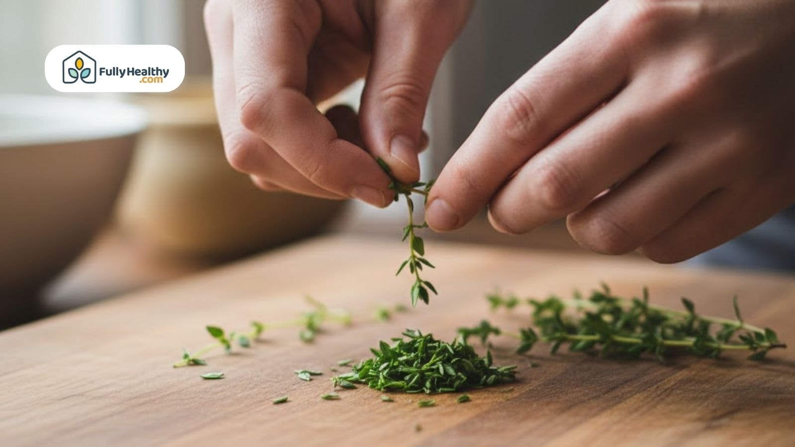 Hands removing thyme leaves from woody stems before chopping.