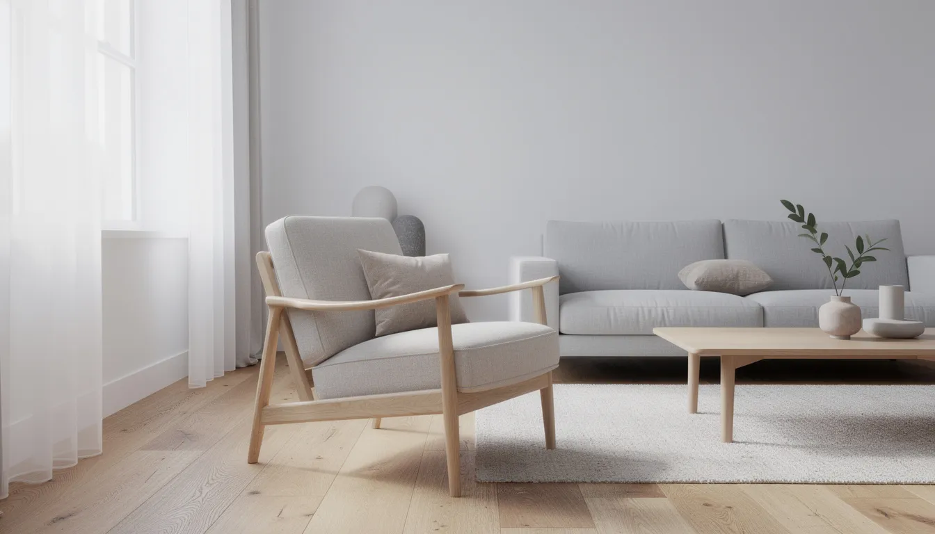 Ett skandinaviskt vardagsrum med en klassisk designfåtölj i ljust trä och neutral textil, som erbjuder både komfort och stil. Fåtöljen, inspirerad av Bruno Mathssons arbete, passar perfekt in i rummet och skapar en inbjudande atmosfär.